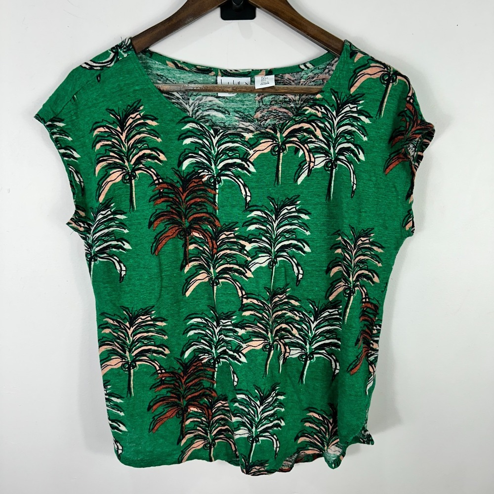 Nicole Miller Linen Top L Green Palm Print Resort Coastal Vacation Summer Chic